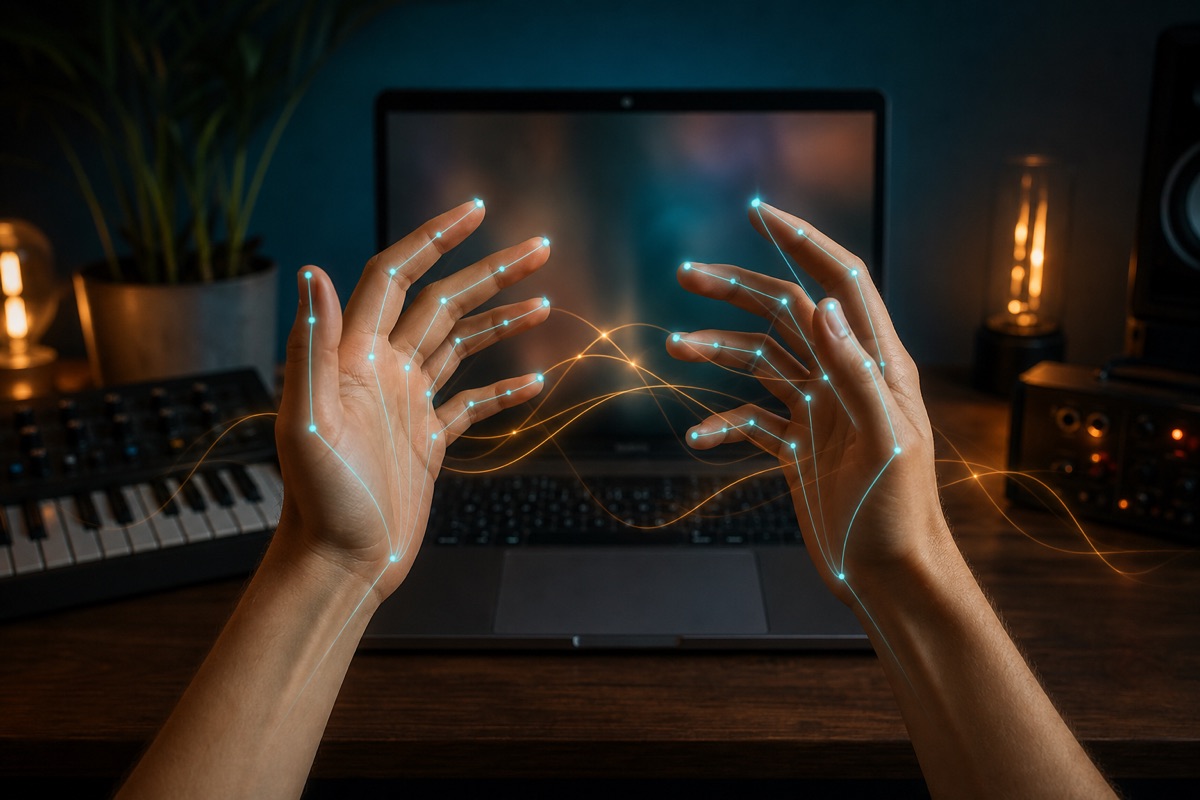 Two hands raised in front of a laptop with illustrated hand-tracking landmarks
