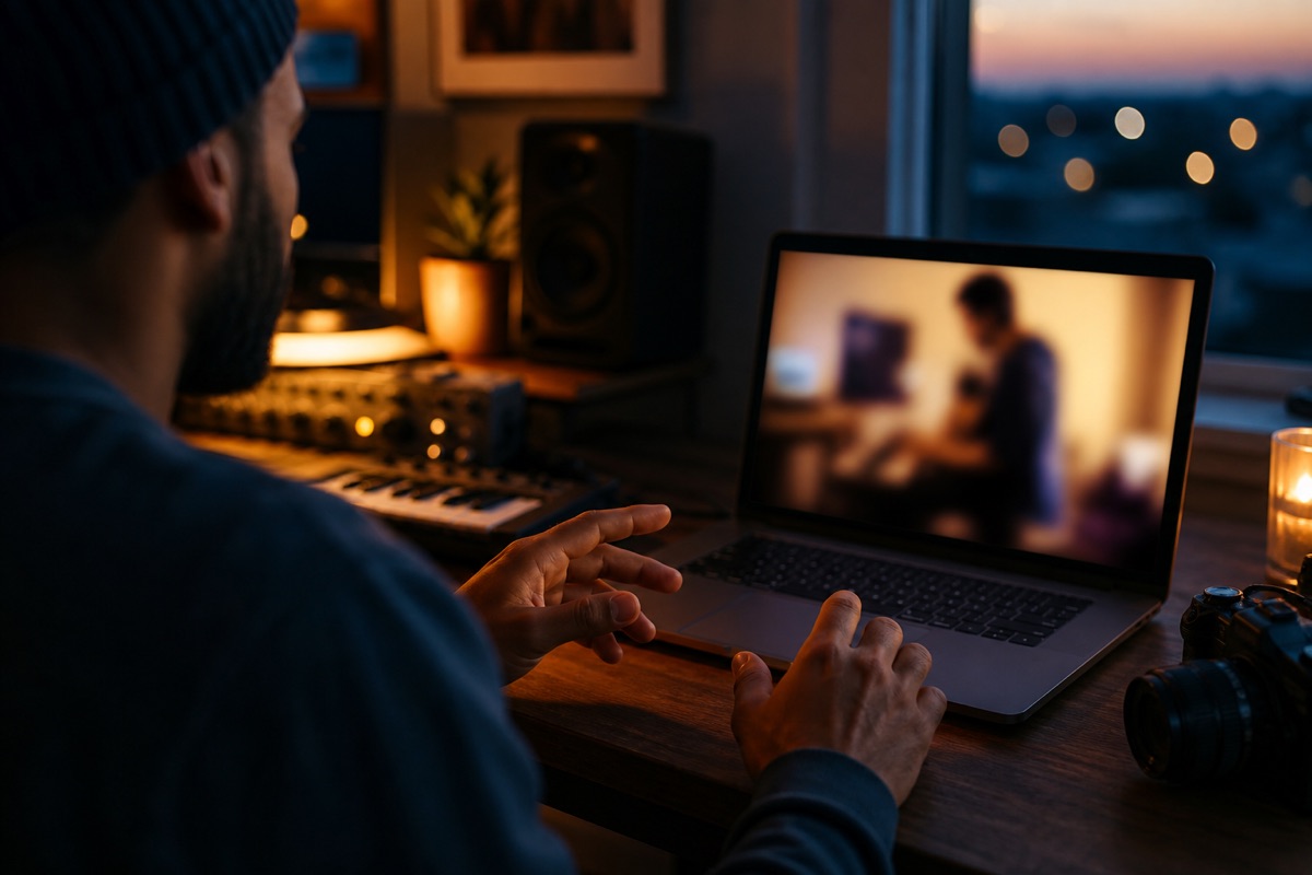 Music maker seated at a laptop in a home studio
