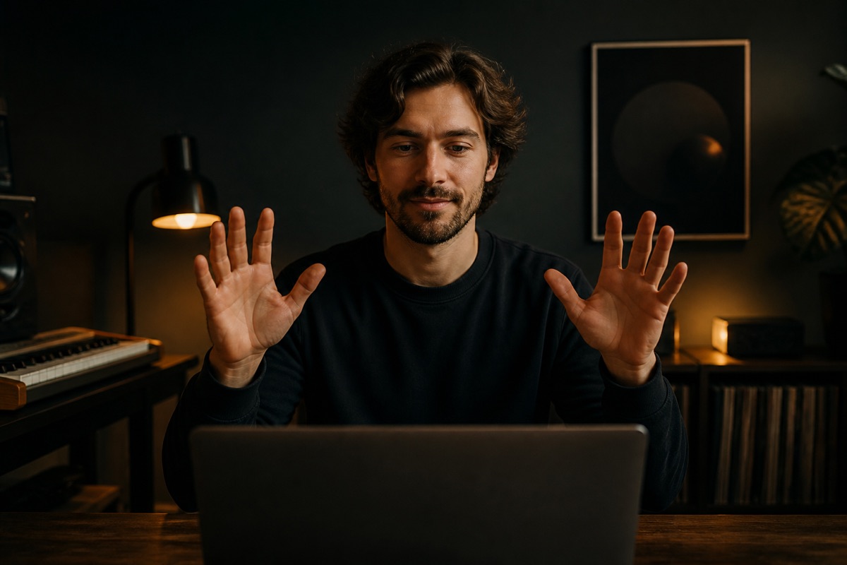 Music lover seated at a laptop with both hands comfortably visible in front of the camera